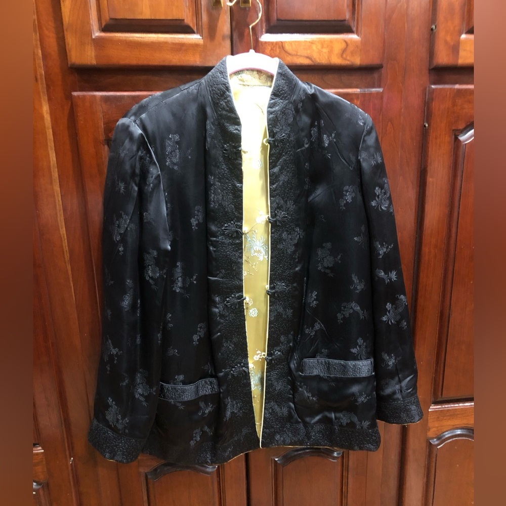 Vintage Chinese Brocade Jacket Sz 38 (M) Gold Floral Mandarin Collar Reversible - Picture 11 of 16